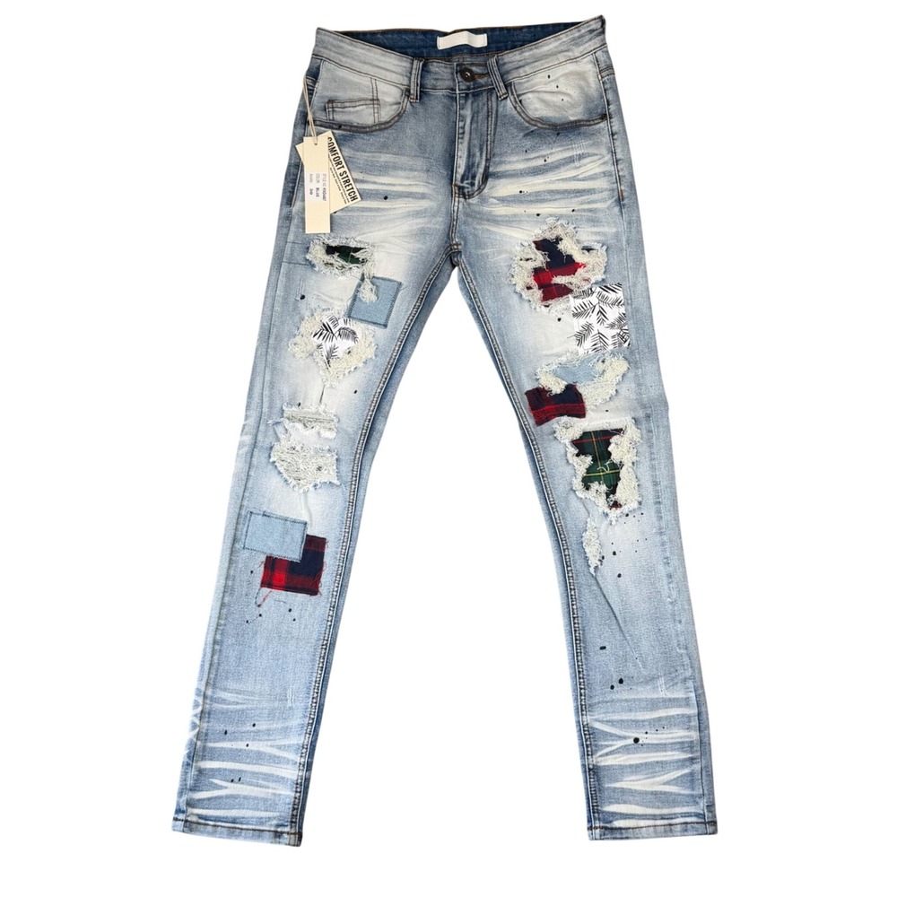 KDNK Mens Skinny Fit Distressed Patchwork Jeans Light‎ Blue KND4457 Size 30 NWT